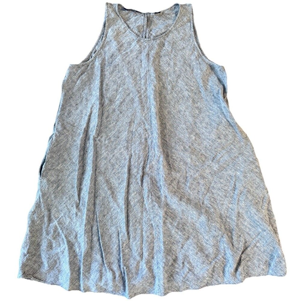 Lands End 100% Linen Sleeveless A-Line Shift Dress Blue Chambray Sz L 14-16